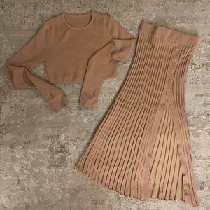 Long Sleeve Knit Skirt Set 2pc Ribbed Knit Fitted Crop Top and High Slit Pleated